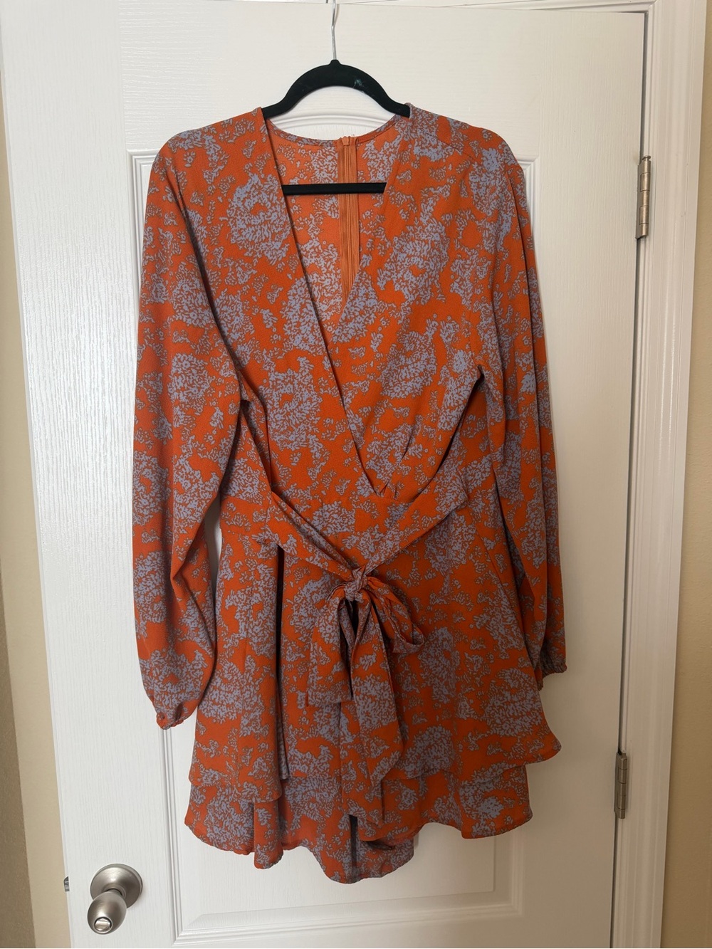 Women’s Orange Floral Wrap Dress with Tie Waist